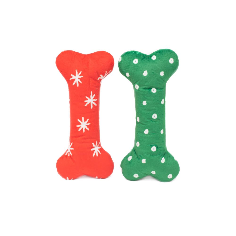 ZippyPaws - Holiday Patterned Bones - Soft Squeaker Plush Dog Bone Toy - Large, 2 Pack