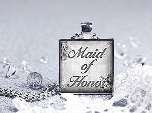 Maid of Honor Silver Bezel Glass Tile Pendant Necklace, Black and White Wedding Party Collection