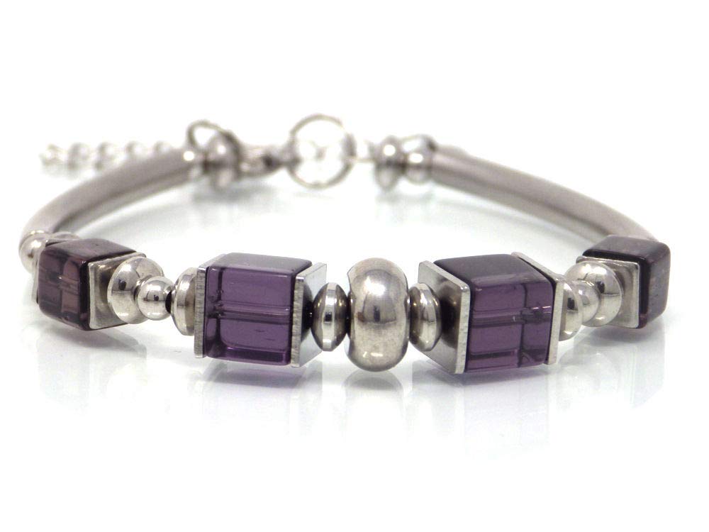 ThurColas Rigid Bracelet Glass Beads Chic Style Stainless Steel French Handmade (Purple)
