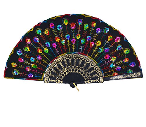 Amajiji Folding Fans for Women,Handmade Elegant Colorful Embroidered Flower Peacock Pattern Sequin Fabric Folding Fans (Multi Color)