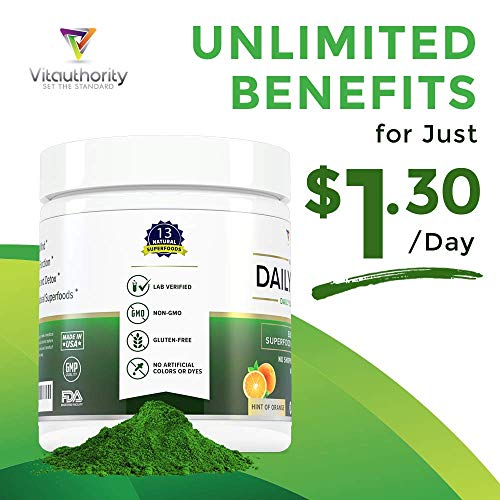 Daily Greens Superfood Powder: Best Tasting Non-GMO Greens Detox Powder with Spirulina, Matcha Green Tea, Barley Grass Juice Powder, Vegan, Orange, 30 SRV