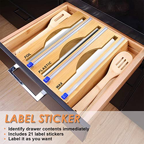 Aiaabq Bamboo Plastic Wrap Dispenser with Cutter with 21 Labels Storage Organizer for Aluminum