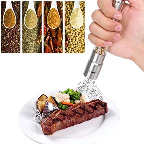 Pepper Mills Grinder Kimire Pepper Muller Stainless Steel Portable Manual One Hand Operated Mini Thumb Push Shaker for Peppercorns Spices Salt (Pepper Mills)