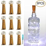 LXS Pack of 9 Cork Shape Wine Bottle Lights, Silver Wire Battery Operated Starry Rope Fairy Lights For Bottle DIY, Christmas Halloween Wedding Party Indoor Outdoor Decoration(Pure White)