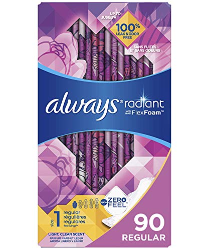 Always Radiant Feminine Pads for Women, Size 1, 90 Count, Regular Absorbency, Light Clean Scent (30 Count, Pack of 3 - 90 Count Total)