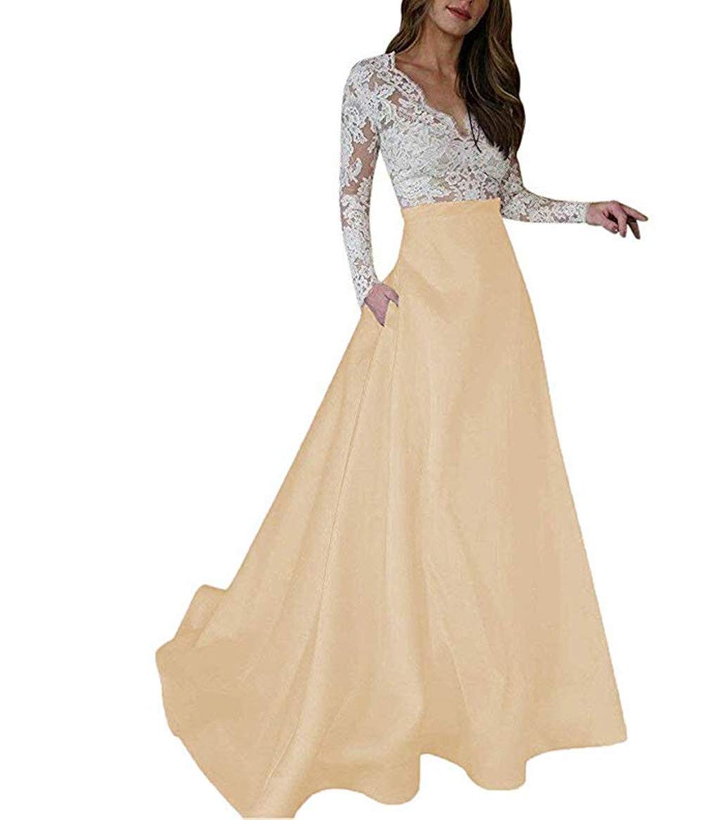 menoqo Women Dress V Neck Long Sleeve Formal Lace Appliques Prom