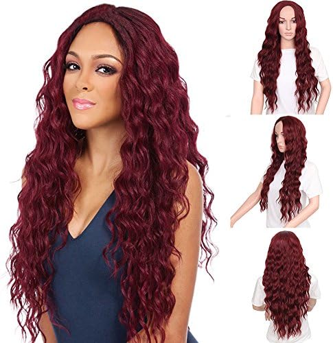Kanuosi Long Wavy Red Wig Synthetic Natural Curly Wigs Loose Body Wave Wigs Heat Resistant Fiber for Women (Wine Red)