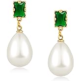 Watforsh 14k Gold Plated Emerald White Pearl Drop Dangle Studs Earrings Teardrop Vintage Square Stone Earrings for Women Brides and Bridesmaids