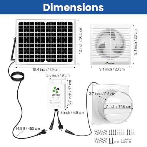 ecoCalm Solar Fan with Thermostat and Battery, 8" Exhaust Fan with 25W Bifacial Solar Panel, Greenhouse Fan Kit for Outside, Garage, Shed, Camping
