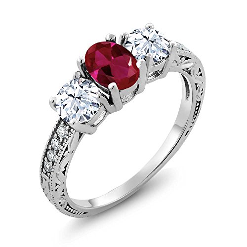 2.52 Ct Oval Red Created Ruby 925 Sterling Silver Women's 3-Stone Engagement Ring (Available in size 5, 6, 7, 8, 9)