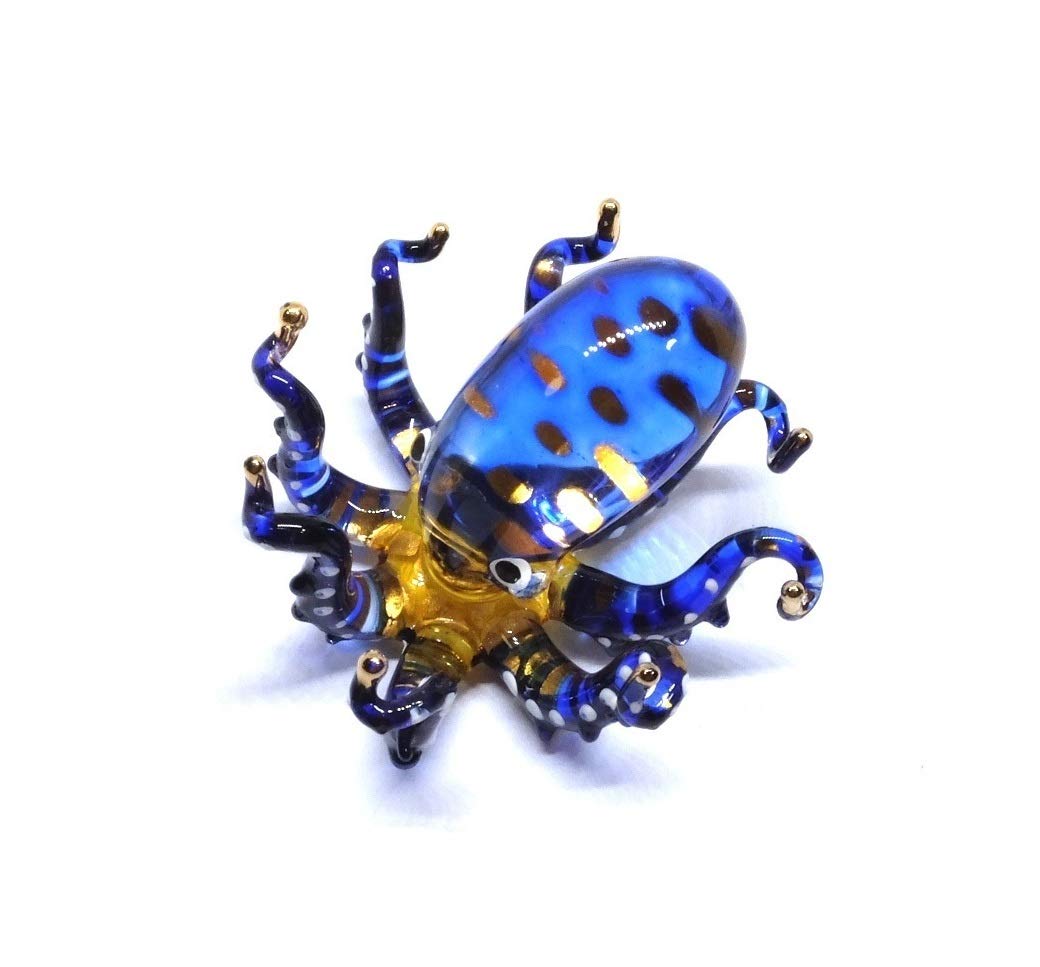 Handmade Mini 2" Blown Glass Blue Octopus Figurines Figures Art,Collectible Dollhouse Gift Ideas,Miniature Ocean Animals,Tiny Ornament Cool Stuff Garden Decor No.7