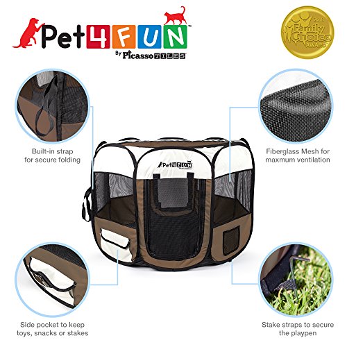 PicassoTiles PET4FUN PN935/PN945 Portable Pet Puppy Dog Cat Playpen Crates Kennel w/Water Resistant 600D Oxford, 210D Nylon, Carrying Bag, Collapsible Bowl, Removable Mesh Cover 2 Sizes