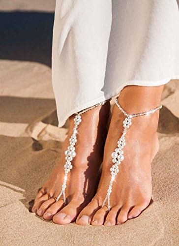 JustForBridal New Style White Barefoot Sandals Pearl &amp; Crystal Anklet ~ Beach Foot Jewelry
