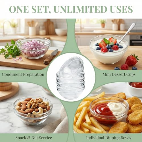 BXUUXA 24 Pieces Glass Bowls, 40 ml Reusable Snack Bowls, Mini Bowls for Sauces, 6 cm Diameter, Microwave Glass Bowl for Appetizers for Sauces, Desserts, Snacks, Fruits, Sushi