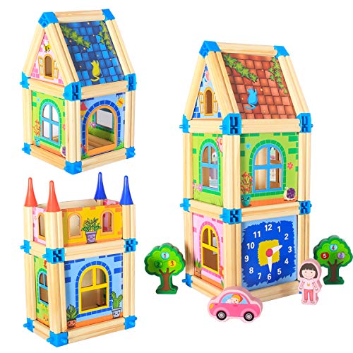 Wooden Building Toys for Kids,123 Pieces DIY Construction House Building Blocks Set Educational Toys ,Great Christmas Birthday Gift for 3, 4, 5, 6 Year Old Girls and Boys