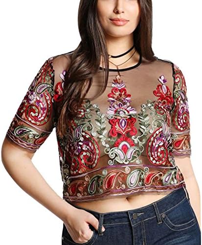 ELINKMALL Women Sexy Mesh Floral Embroidery Short Sleeve Crop Blouse Shirt Tops