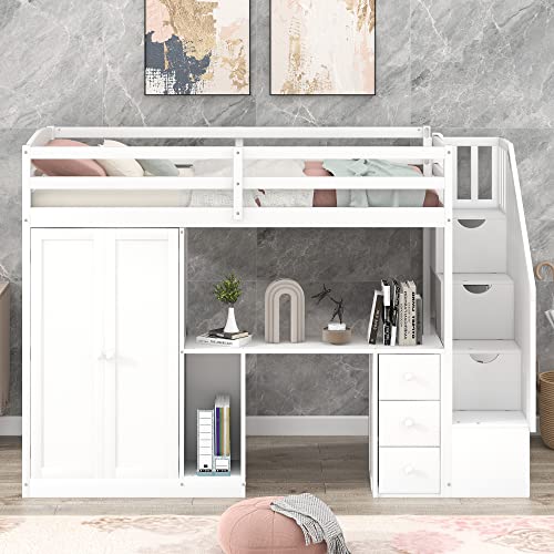 SOFTSEA Twin High Loft Bed for Kids Functional Loft Bed with Desk