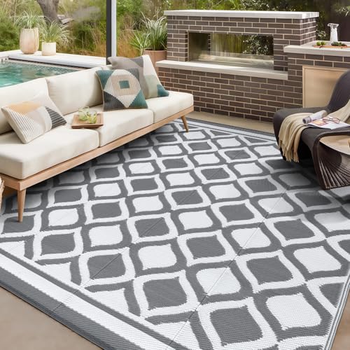 VK·LIVING Outdoor Rug for Garden Patios Waterproof 120X180cm Reversible Carpet Durable & UV Resistant Modern Outdoor Mat Portable Lightweight Area Patio Rugs for Balcony Camping Yard RV Grey&White