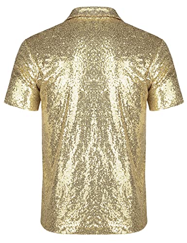 ASTOSEU MENS 70S DISCO SHINY SEQUINS SHORT SLEEVE TURNDOWN SPARKLE NIGHTCLUB PARTY POLO T-SHIRT TOPS LIGHT CHAMPAGNE S