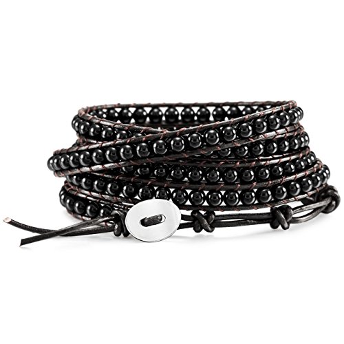 MOWOM Black Alloy Genuine Leather Bracelet Bangle Cuff Rope Simulated Agate Bead 5 Wrap Adjustable