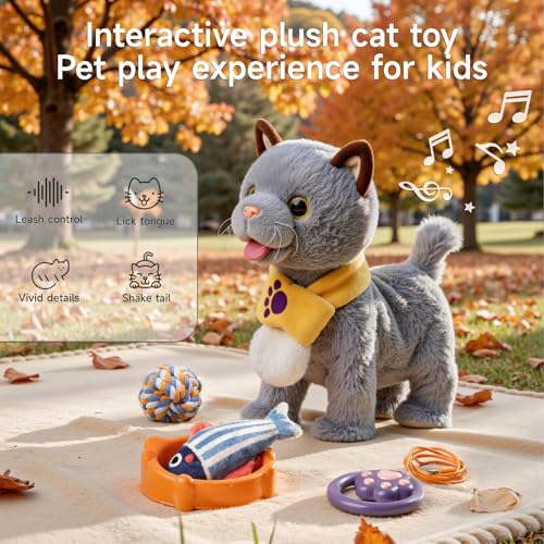TUMAMA Walking Toy Cat with Remote Control Leash, Walking,Meowing, Shake Tail, Licking, Electric Interactive Stuffed Animal, Birthday Gift for Kids