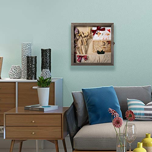 Emfogo 13x13 Shadow Box Picture Frame with Linen Back Front Glass Door and Pocket, Rustic Wood Shadow Display Case of Keepsakes, Baby, Wedding, Memory Box for Wall and Tabletop (Weathered Gray)