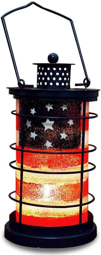 Hanging American Flag Candle Lantern Rustic Metal Tabletop Tealight Holder for Patio Garden 4th of July Memorial Day Indoor Outdoor Patriotic Decoration-7.5