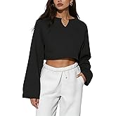 Tarotong Womens V Neck Long Sleeve Cropped Sweatshirt Loose Fit Casual Workout Shirts Crop Tops Pullover
