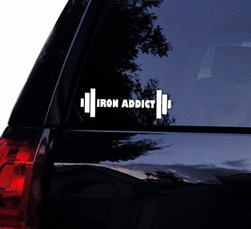 Iron Addict Barbell Decal - Weightlifter Gym Fitness Workout Decal, Laptop Decal, Car Window Sticker (8", White)