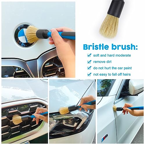RAYBAO Car Detailing Brush Set, 3pcs Auto Detailing Brush, Boars Hair Detailing Brushes, Ultra Soft No Scratch Detail Brush for Interior Exterior, Wheels, Tire, Leather Seats, Dashboard, Air Vent