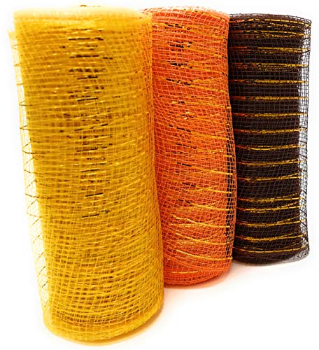 Fall Thanksgiving Decorative 5 Yard Mesh Rolls (Pack of 3) for Crafting Wreaths and Zip Ties for Securing Mesh to Frames (Dark Brown, Gold, Orange)