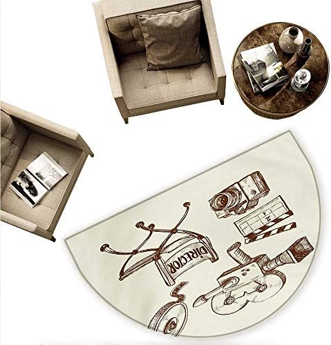Movie Theater Semicircular Cushion Photography and Cinema Vintage Set in Sketch Art Style Director Shooting Entry Door Mat H 70.8" xD 106.3" Beige Brown