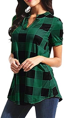 Auied Women Casual Plaid Printed Short Sleeve V-Neck Irregular Hem Blouse T-Shirt Topsplaid Loose Ladies Shirt