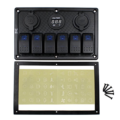FXC Waterproof Marine Boat Rocker Switch Panel 6 Gang with Dual USB Slot Socket + Cigarette Lighter + Digital Voltage Display LED Light for Car Rv Vehicles Truck (6 Gang Blue Light)