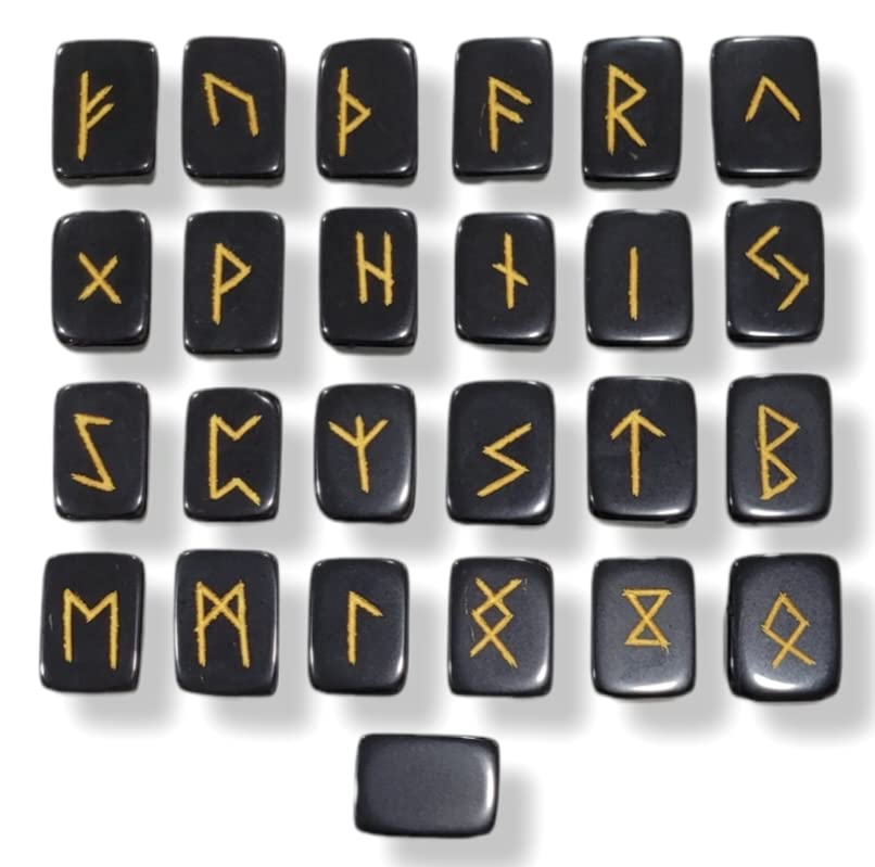 Black Tourmaline Runes Crystal Rune Stones Set Elder futhark Viking Gemstone Reiki Healing Golden Engraved Runic Alphabets (Black Tourmaline)