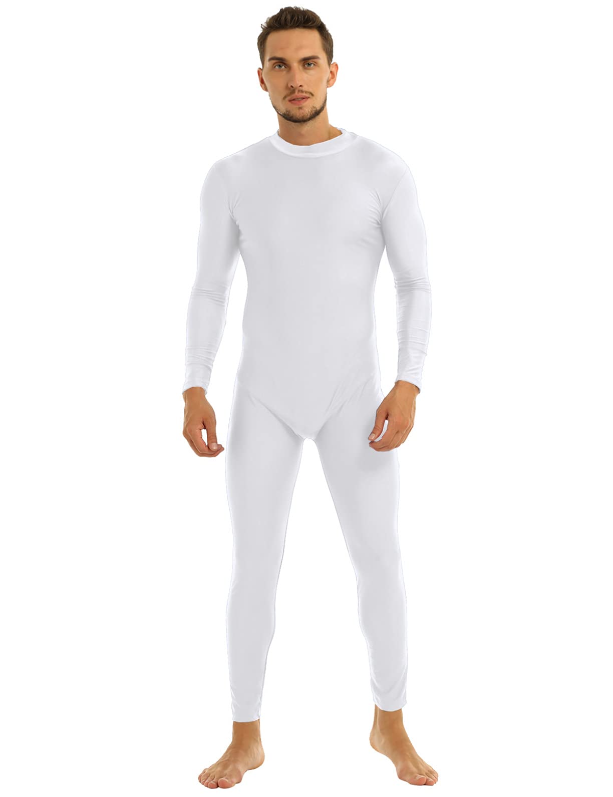 Yeahdor Men's Spandex One Piece Zipper Bodysuit Turtleneck Long Sleeve Unitard Jumpsuit Dancewear White L