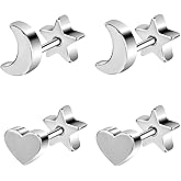 AOEDEJ 2 Pairs Cartilage Earrings for Women Flat Back Earring Hypoallergenic Moon Stars Heart Design Titanium Screwback Cartilage Piercing Birthday Gift for Men