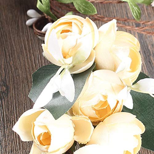 Flower Headband Rose Floral Boho Wreath Garland Hair Hoop Bohemian Headdress Headwear Headpiece Women Girls Crown Leaf Hair Bands Party Decoration Cosplay Costume Handmade Hair Accessories Beige