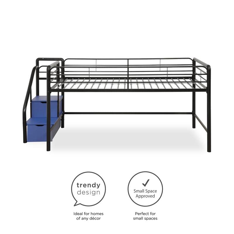 DHP Junior Twin Metal Loft Bed With Storage Steps, Multifunctional