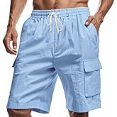 TAFLE Mens Linen Shorts Casual Summer Beach Shorts Elastic Waist Drawstring Cargo Pants with Multiple Pockets