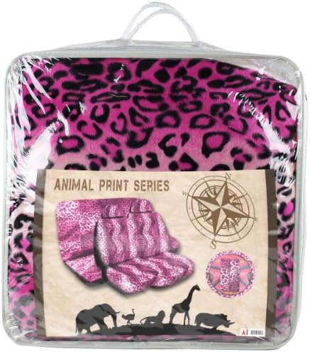 13 pc Safari Leopard Pink Print Seat Cover Set 2 Lowback Seat Covers, 2 Front and 2 Rear Floor mats, 1 Bench Cover, 1 Wheel Cover and 2 Shoulder Pads - Leopard Pink