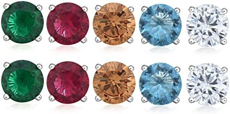 Nuni Jewelry Set of 5 Pairs Birthstone Round 925 Sterling Silver Stud Earrings; Comes with Free Gift Box (CZ Diamond-Emerald-Ruby-Citrin-Blue Topaz)
