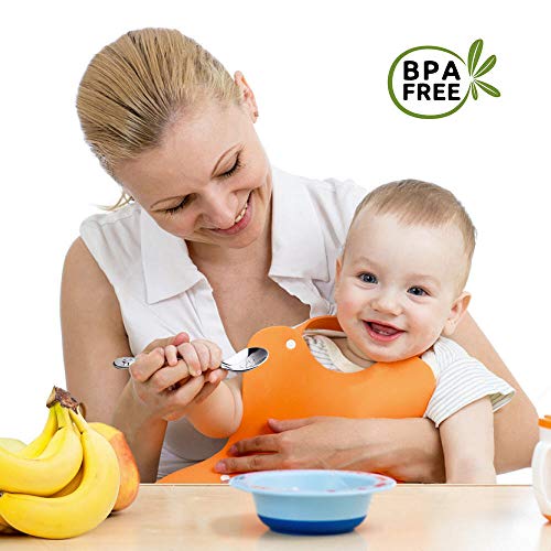 Curved Baby Spoon Toddler Utensils Stainless Steel for Right Handed,BPA Free Self Feeding Led Weaning Training Learning Eating Food Metal First Spoons Kids Children Silverware with Cute Rabbit Carrot