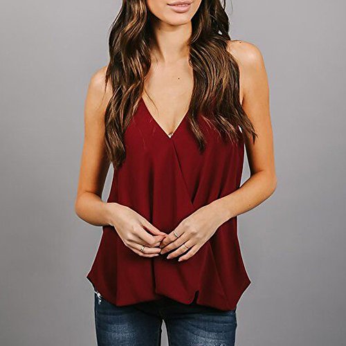 Vest Top Summer,Womens Sexy Halter Strap Blouse Off Shoulder Camisole Sleeveless Hem Pleated T-Shirt Tunics Tees Wine - Thumbnail 3