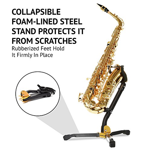LyxJam Saxophone Stand â€“ Portable, Fully Collapsible Instrument Mount w/ Protective Foam Lining, Stabilizing Rubber Feet & Adjustable Pins â€“ Fits Alto Sax, Tenor Sax & Similar Woodwind Instruments
