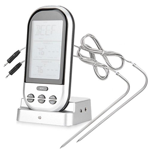 Yosoo- Barbecue Thermometers, Smart Double Probes Wireless BBQ Kitchen Oven Grill Cooking Food Meat Digital Thermometer Gauges with Timer Alarm and 65ft Long Remote Range(Silver)