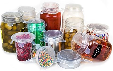 Silicone Lids 12 Pack, Stretchable, Reusable, Durable Kitchen Gadget, Dishwasher and Freezer Safe, Preserve Food (Clear/White, 1 Size Jar 12 Pack/Circular)