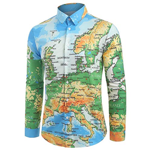 Allywit Fashion Men's Casual World Map 3D Print O-Neck Long Sleeve T-Shirt Tops Blouses Big and Tall - Thumbnail 2