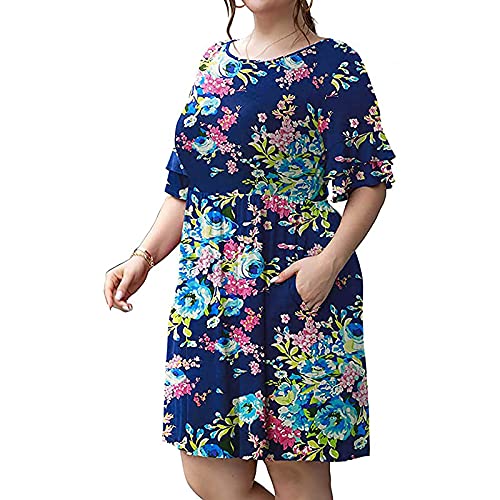 Womens Fashion Summer Plus Size O-Neck Short Ruffle Sleeve Flowy Knee  Length Dress Casual Loose Floral Midi Dress in Kenya | Whizz Vests