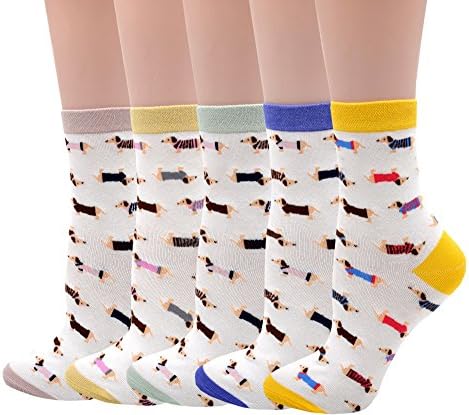 JMEETY Womens 5 Pairs Fun Pattern Cotton Crew Socks Dog